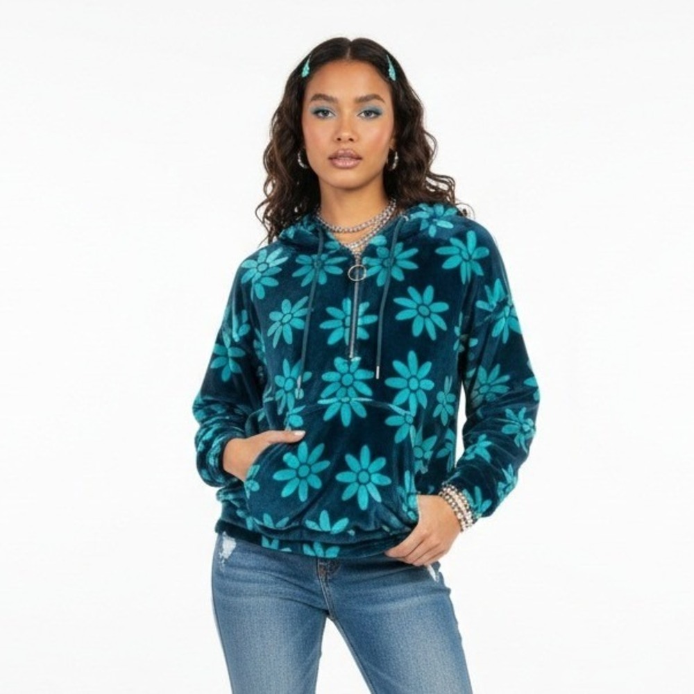 Free Haven Womens Oversized Floral Fleece Hoodie Size S Teal Cozy Y2K Retro